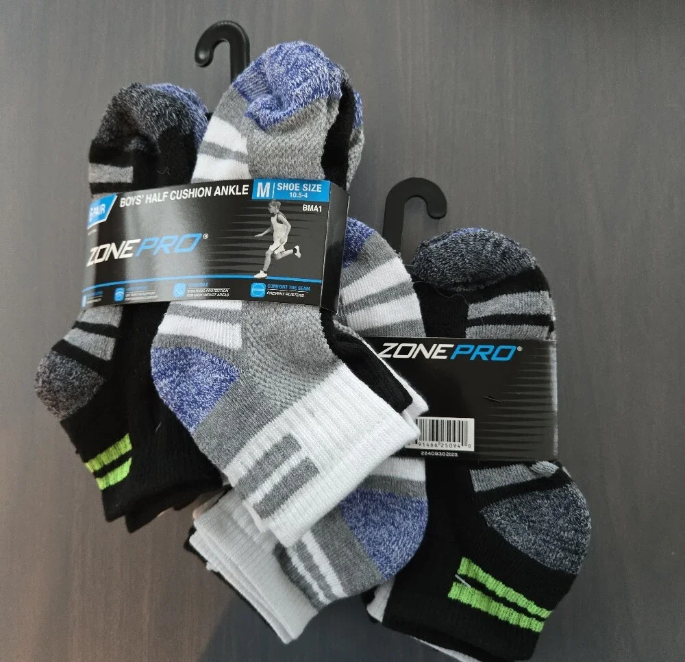 Zone Pro Boys Half‑Cushion Ankle Socks – Ten 6‑Packs, Size 10.5–4, NWT